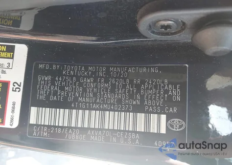 2021 Toyota Camry Se from USA, damaged, VIN 4T1G11AK4MU402373